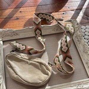 Free People Leather Taupe Crossbody Bag with Patterned Strap